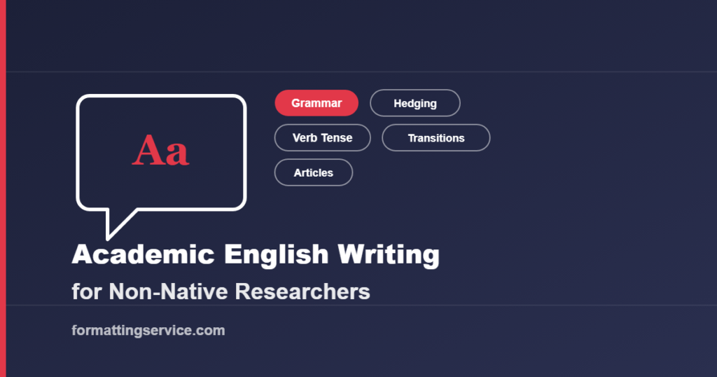 Icon representing academic English writing guidance covering grammar, verb tense, articles, hedging, and transitions